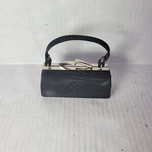 Mini Black Faux Leather Lipstick Bag With Silver Clasp Closure & Single Handle